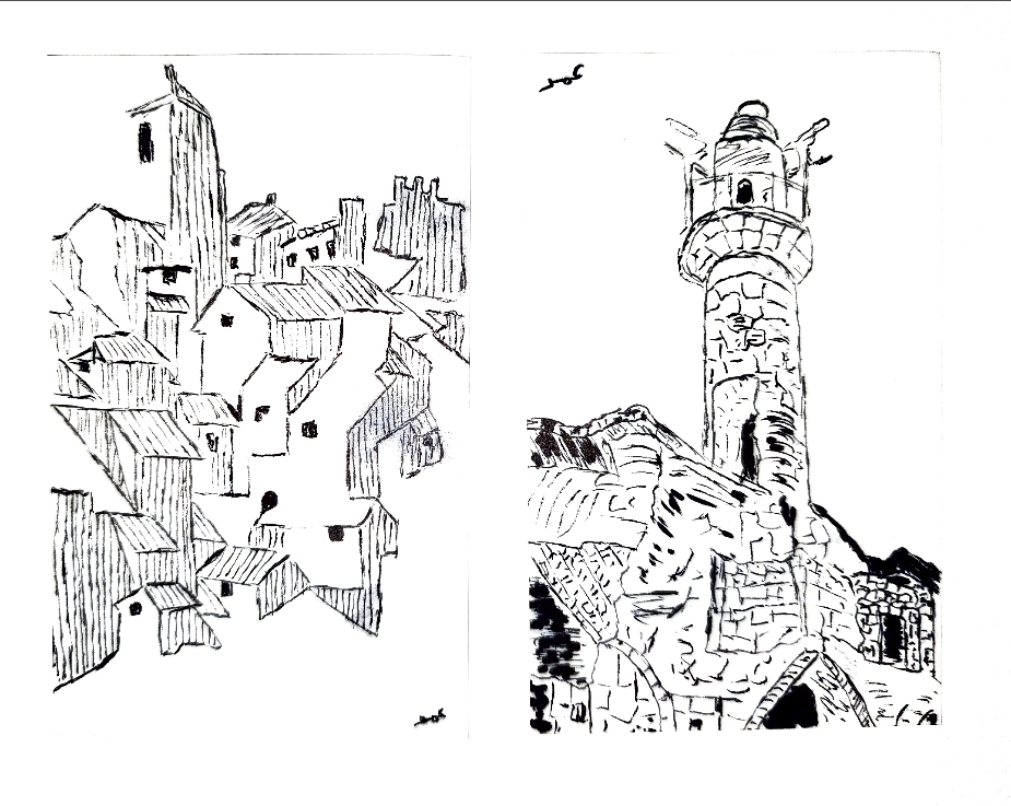 Ink sketches of a hillside town and minaret tower