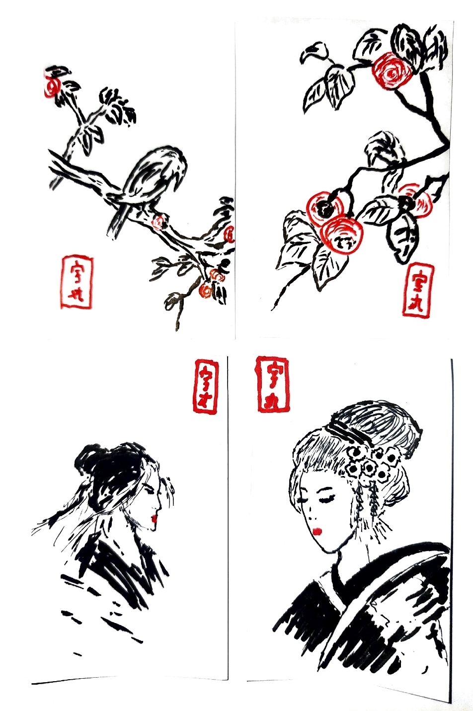 Sumi-e ink painting of a geisha with red lips