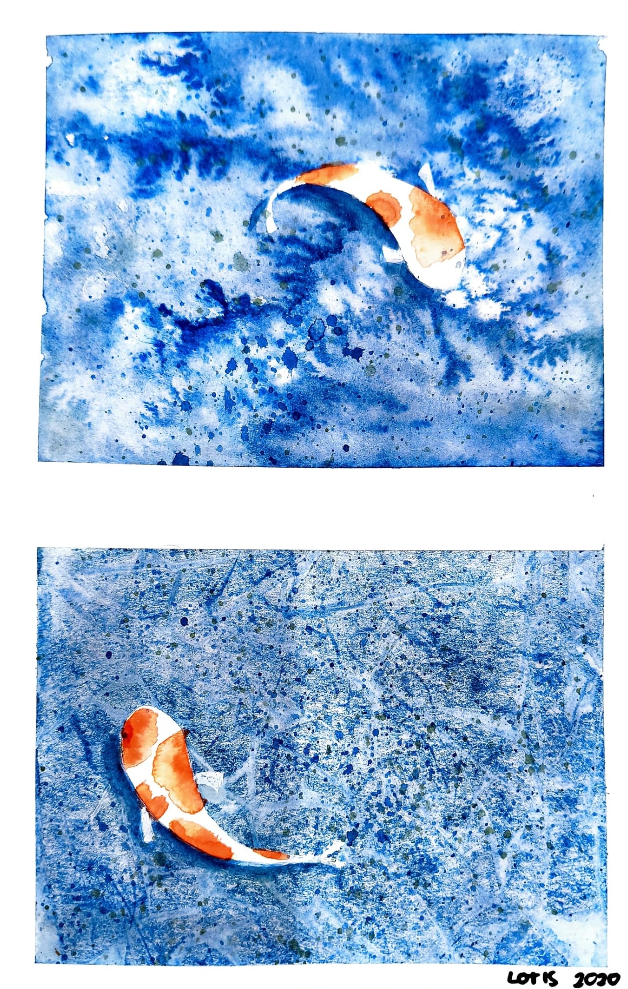 Watercolor paintings of two koi fish in blue water