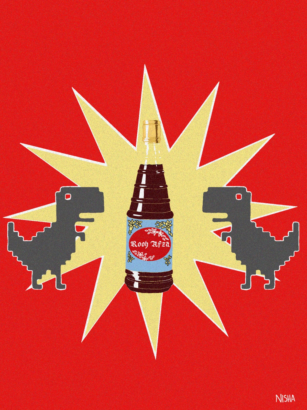 Digital illustration of a Rooh Afza bottle in a yellow starburst, flanked by two pixel-art T-Rex silhouettes on a red background