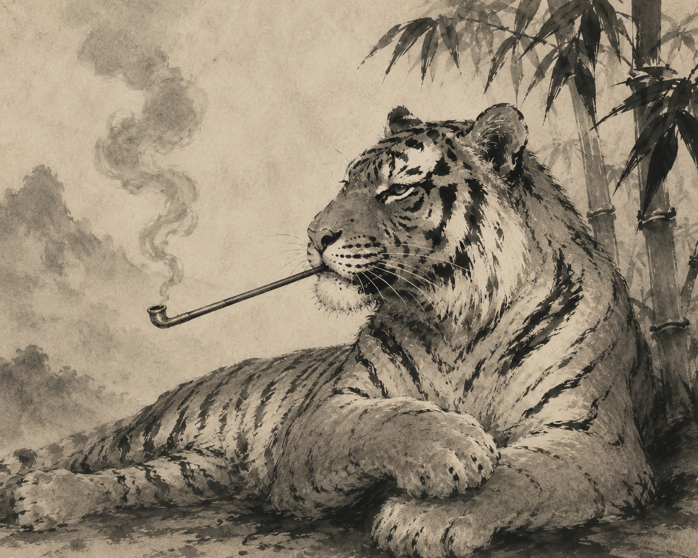 A tiger smoking a pipe beside bamboo, rendered in sumi-e ink